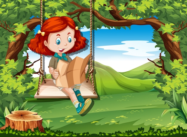 Camping girl reading map on swing
