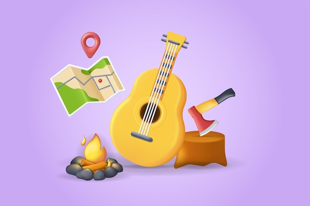 Camping gitaar concept 3D illustratie Pictogram samenstelling met gitaarkaart met locatiebijl in stronk