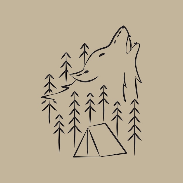 Camping grond en wolf illustratie in mono lijntekeningen, badge vectorillustratie, T-Shirt Art, Design Vector