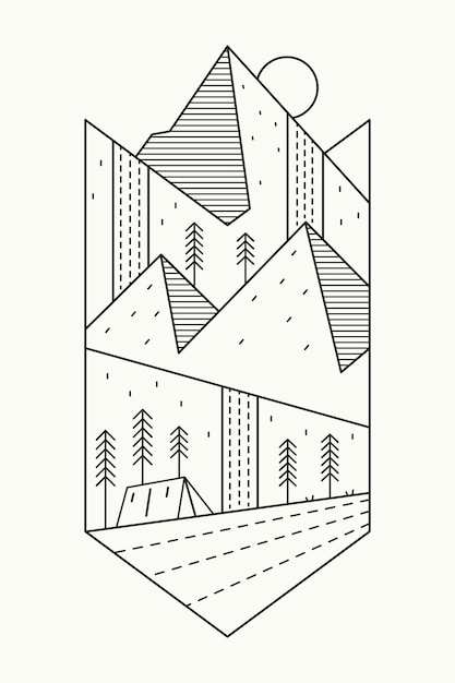 the camping ground mountain and waterfall outdoor mono line design