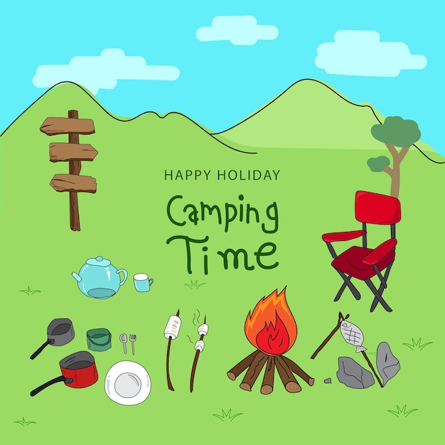 Vettore illustrazione vettoriale doodle disegnato a mano da campeggio concetto di campeggio