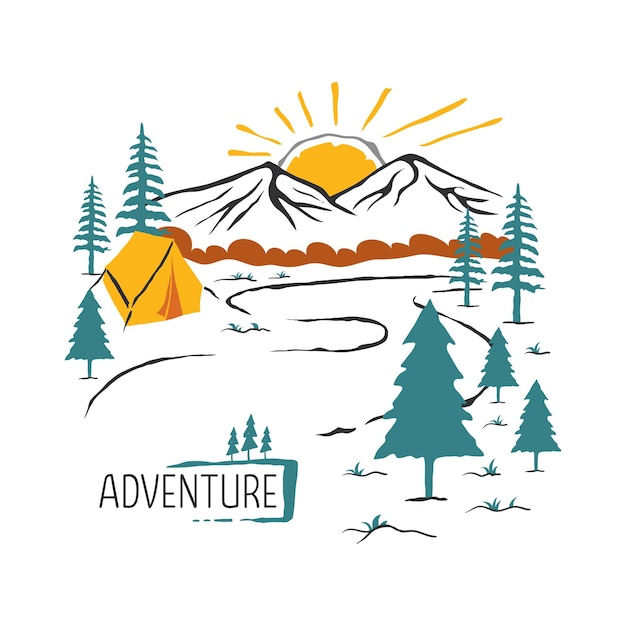 Vector camping hand drawn illustration with mountains forest tent and sun