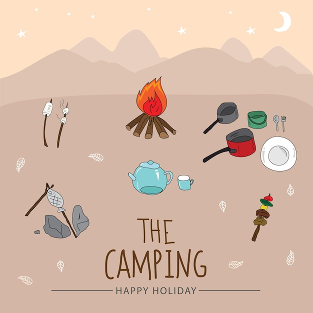 Camping hand getrokken doodle vectorillustratie Camping concept