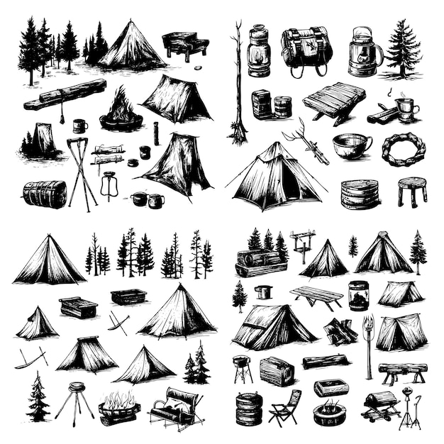 Vector camping healing vintage sketch vector illustration tent bonfire mountain forest tea antique lantern