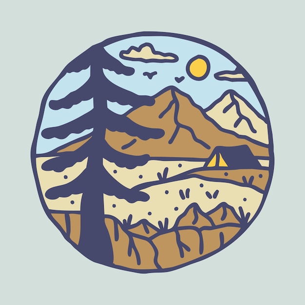 언덕 그래픽 일러스트레이션 아트 티셔츠 디자인으로 캠핑 하이킹 모험