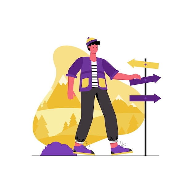 Camping and hiking activities modern flat concept. Man stands near signpost and chooses travel route in mountains. Traveler in trekking. Vector illustration with people scene for web banner design