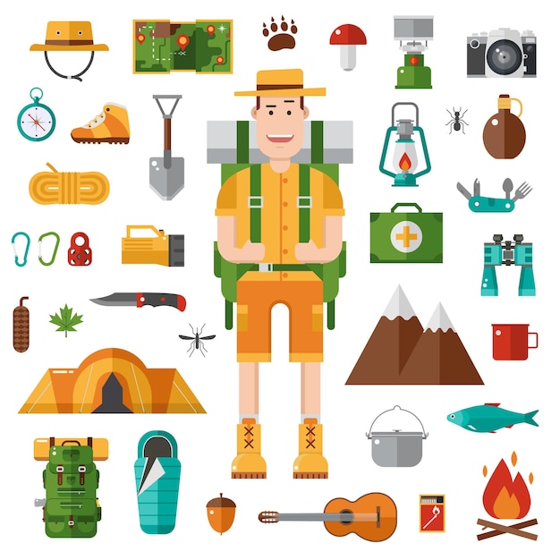 Camping and hiking design elements collection with backpacker man and adventure stuff