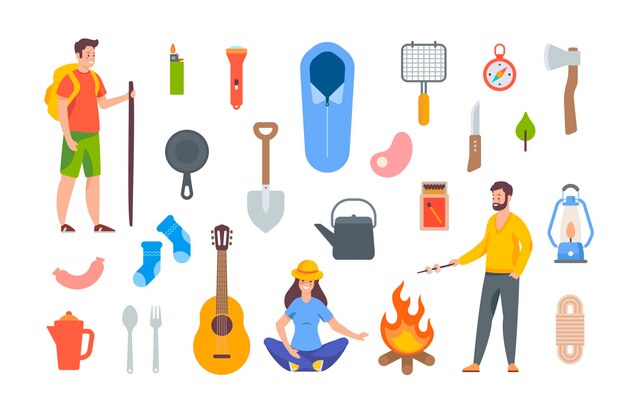 Camping and hiking elements. Tourist equipment and travel accessories for outdoor adventure. Flat vector objects on white background. Sleeping bag, fire, compass, pot, flashlight, guitar, tools