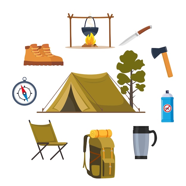 Camping and hiking equipment set Big collection of elements or icons for adventures in nature