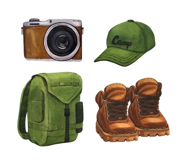 Camping, hiking equipment for trekking tourists watercolor set