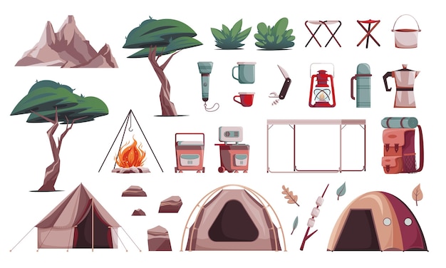 Camping hiking icon set mountains trees flashlight tents
campfire and other camping tools vector illustration