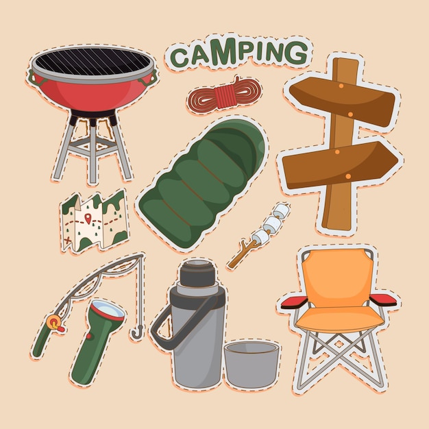 Camping and Hiking Items Cute Sticker Set Illustration