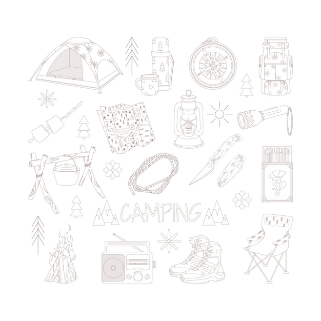 Camping and hiking set drawn elements tent thermos backpack map flashlight compass bonfire chair rope