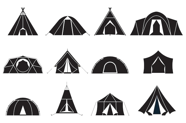 Camping and hiking tent types in outline design Tourist tents collection