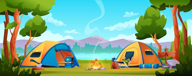 Camping hiking tents tourist equipment on nature