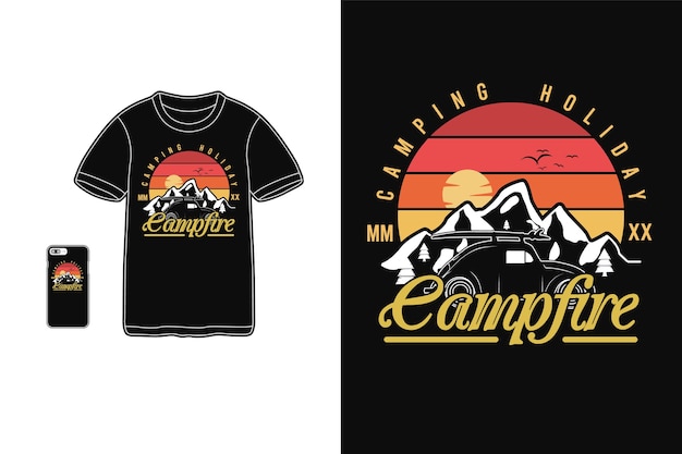 Sagoma di merchandise di t-shirt in campeggio vacanza falò