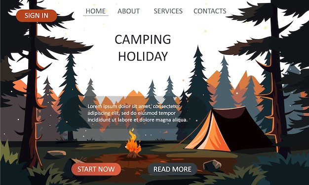 Camping Holiday Home Page Template Er is een tent in het bos en er brandt een vuur Vector illustratie in cartoon stijl