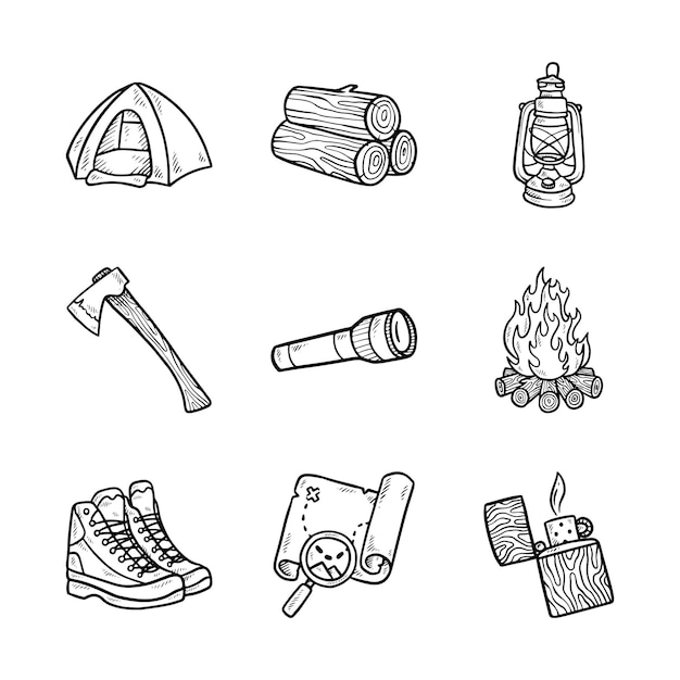 camping icon vector set hand drawn black illustration