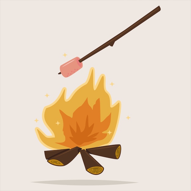 Vector camping icon with bonfire and grill marshmallow