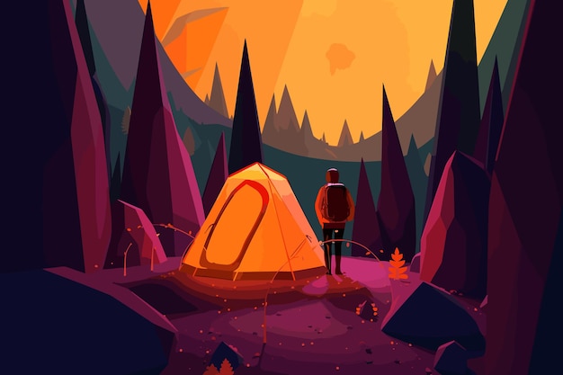 camping illustration with tent and person watching the landscape in the forest