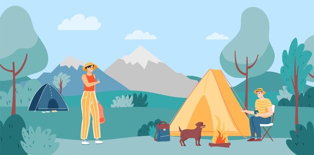 Vector camping in de open lucht avontuurlijke reizen wandelen en kamperen in de natuur vrienden of koppel tijd doorbrengen in de buitenlucht