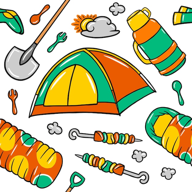 Camping Kawaii Doodle Seamless Pattern Vector Illustration