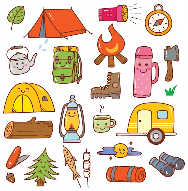 camping kawaii doodle set