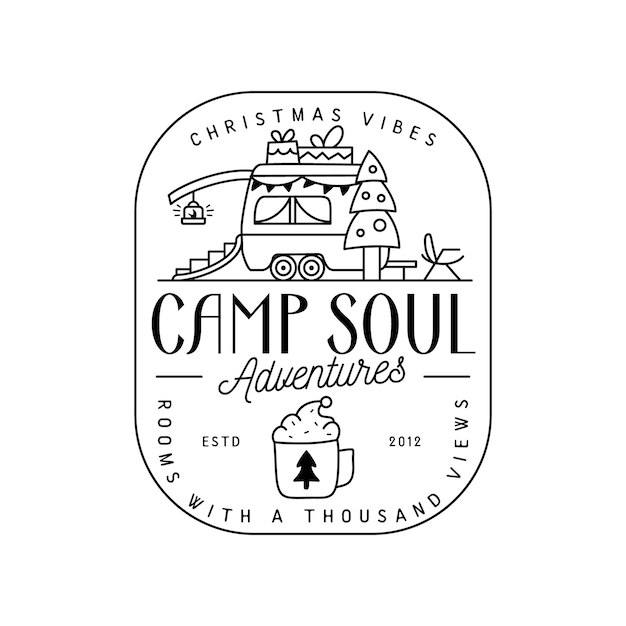 Camping kerst badge ontwerp met RV trailer in lijn kunststijl en offerte Camp soul Travel logo graphics Voorraad vector label