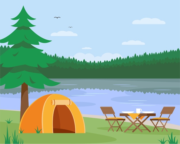 Vector camping landscape with lake and tent tourist camp