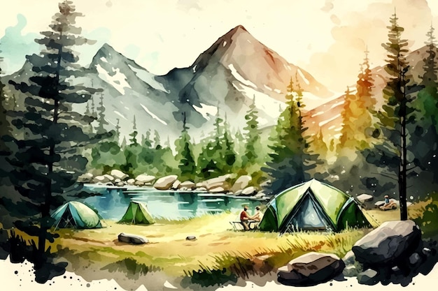 Camping landscape with mountains background Watercolor vector illustration