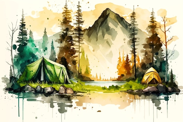 Camping landschap met bergen achtergrond Aquarel vectorillustratie