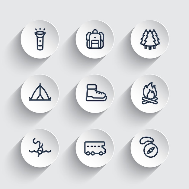 Vector camping line icons set, backpack, tent, rv, camper van, boots, forest, compass, fishing, vector illustration