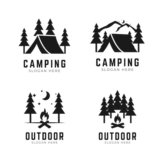 キャンプファイヤーとテントで森のキャンプのロゴのコレクション