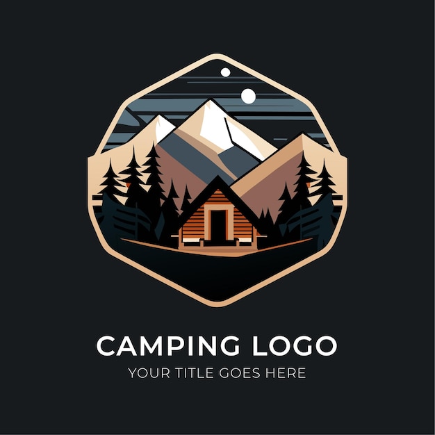 Camping logo design template log cabin with mountains vector illustration