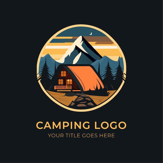 キャンプのロゴ デザイン テンプレート山のベクトル図と丸太小屋