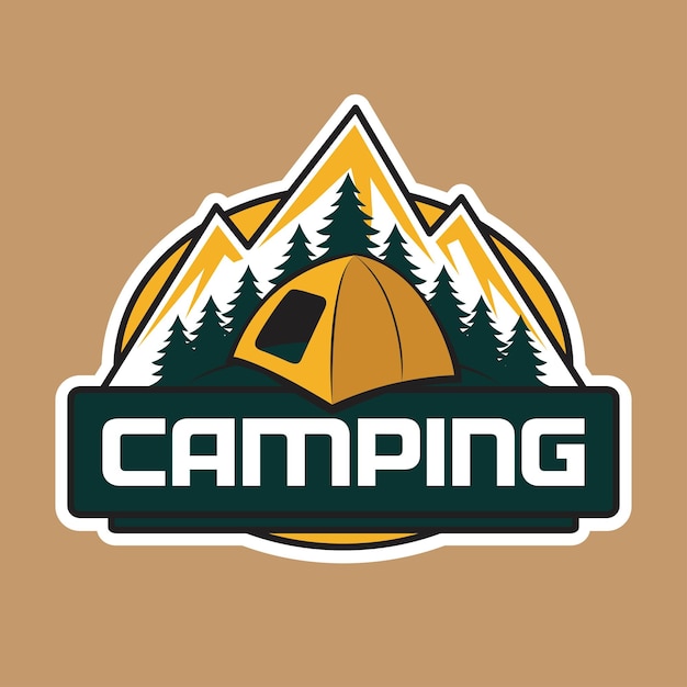 Design del logo del campeggio con pine forest mountain e dome tent