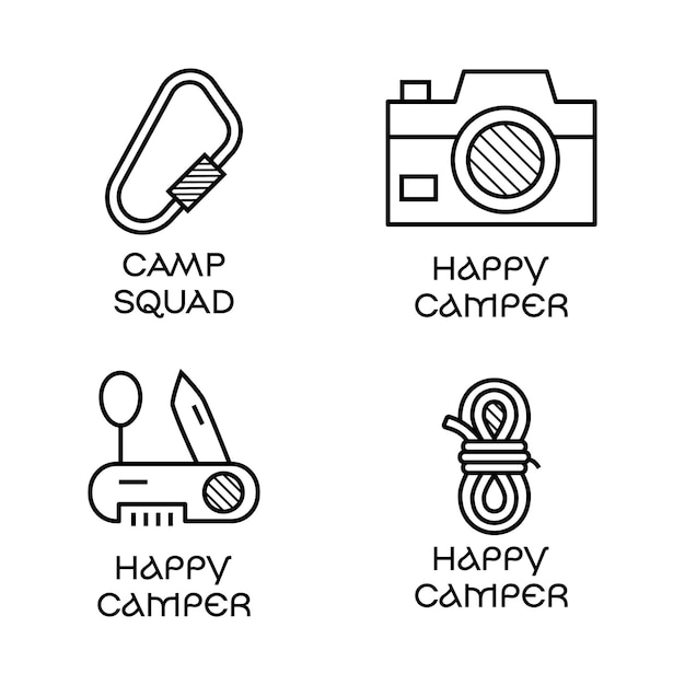 견적 캠프 분대와 해피 캠퍼 여행 선형 상징 하이킹 실루엣 레이블 주식 벡터 배지 세트와 미니멀 라인 아트 스타일의 캠핑 로고 아이콘 디자인