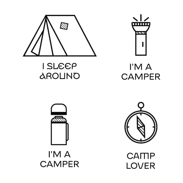 ミニマリストのラインアートスタイルのキャンプロゴアイコンデザイン引用付き私は旅行の周りに眠る線形エンブレムハイキングシルエットラベル株式ベクトルバッジセット