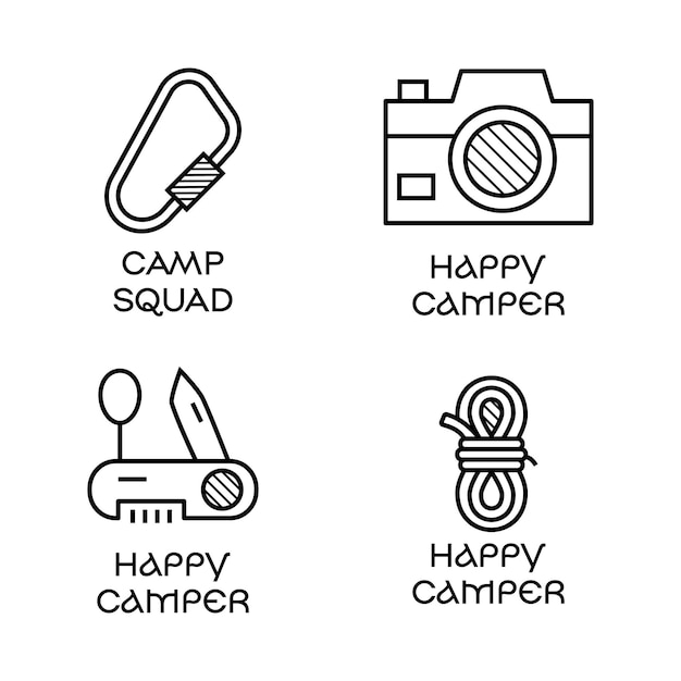 Camping logo icon design in minimalist line art style with quote camp squad and happy camper travel linear emblem hiking silhouette label stock vector badges set