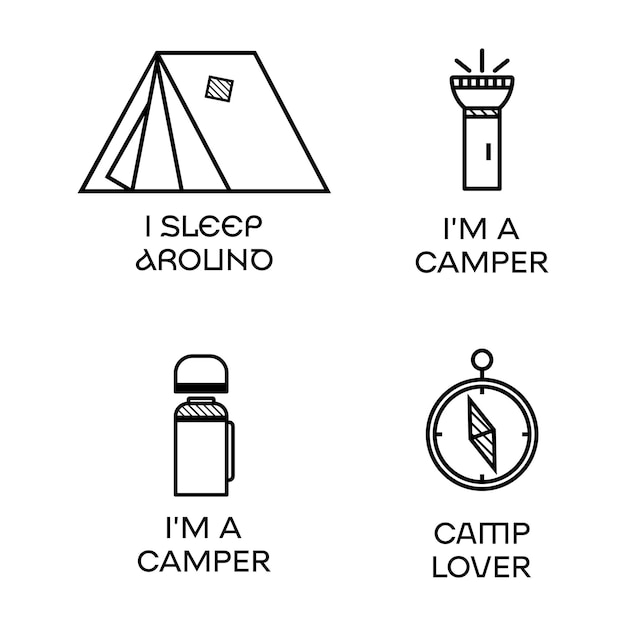 Camping logo icon design in stile minimalista line art con citazione i sleep around travel lineare emblema escursionismo silhouette etichetta stock set di badge vettoriali