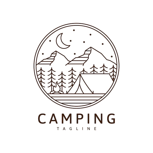 キャンプのロゴやイラストのモノラインまたは線画スタイルのベクトル