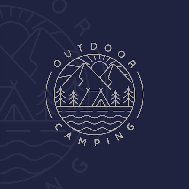 Camping logo lijn kunst eenvoudige minimalistische vector illustratie pictogram sjabloonontwerp. avontuur en reislust symbool voor activiteit buiten zomerkamp met badge concept