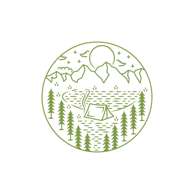 Логотип кемпинга в стиле арт-стиль значок концепция приключений и символ страсти к путешествиям для активного отдыха на открытом воздухе летом