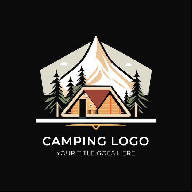 Camping logo ontwerp sjabloon blokhut met bergen vectorillustratie