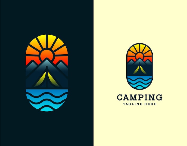 Camping-logo. Rond kampeerkenteken met kleurrijke vectorillustratie.