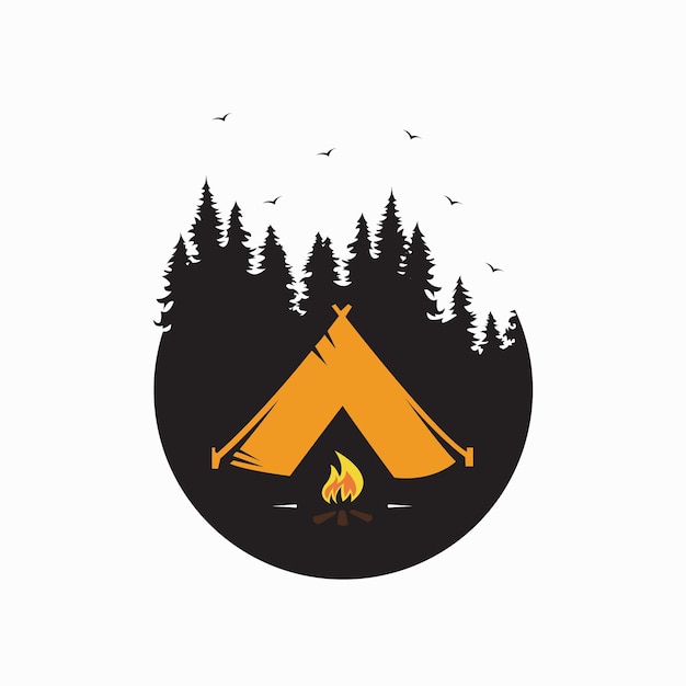 Camping logo vector illustrations. camping icon with campfire
and pinetree.