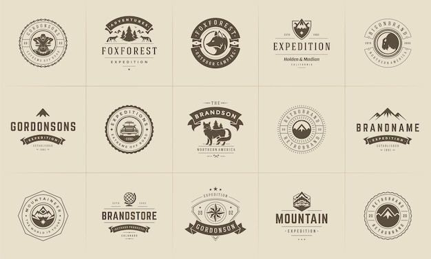 Vector camping logos and badges templates vector design elements and silhouettes set