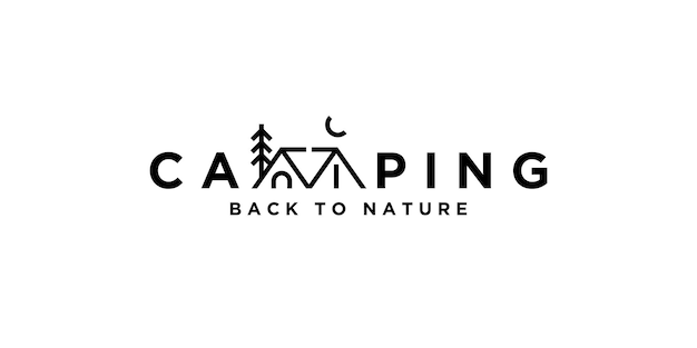 Vector camping logotype en tent icoon terug naar natuur minimalisme conceptontwerp