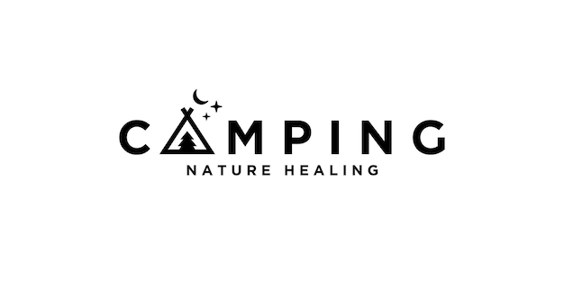 Logotipo di campeggio con icona della tenda guarigione della natura e concetto di minimalismo