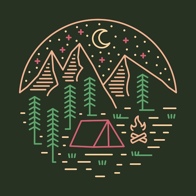 Camping in the middle forest with good view of night graphic illustration vector art tshirt design